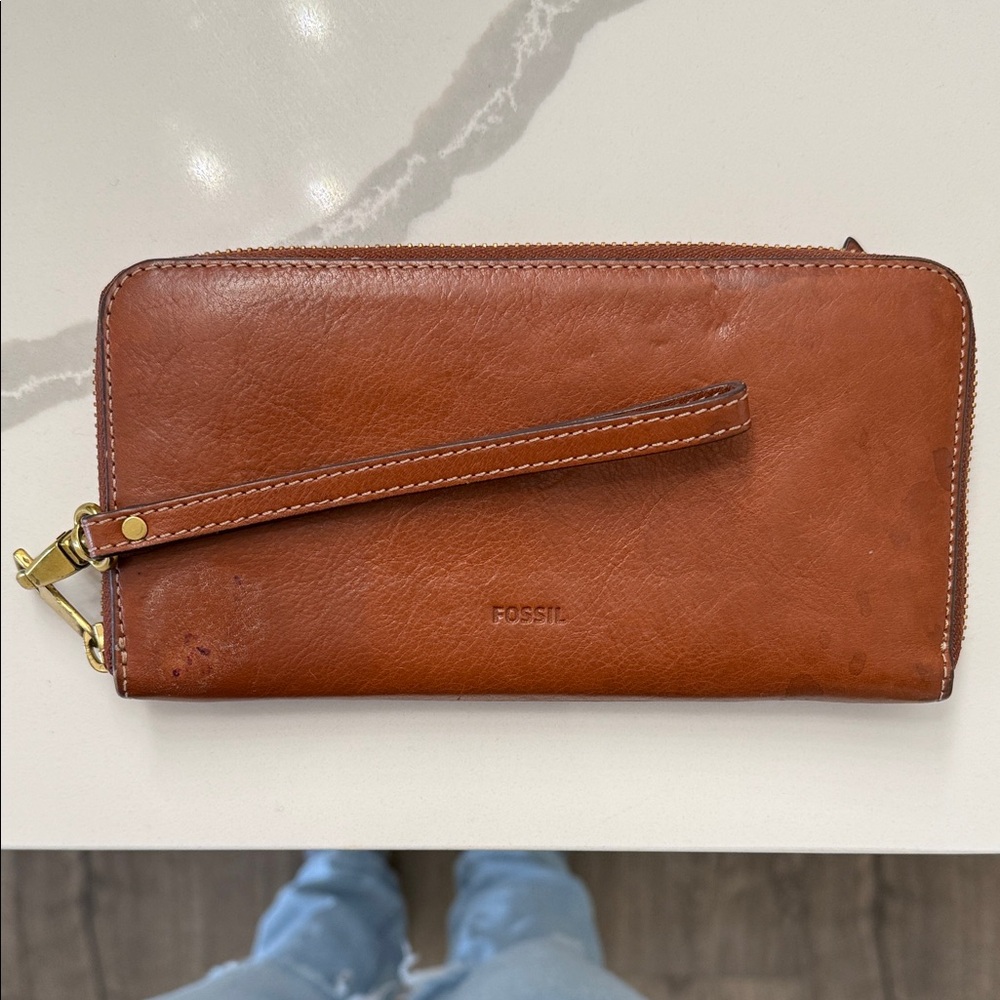 Fossil Tan Leather Wristlet with Gold Accents